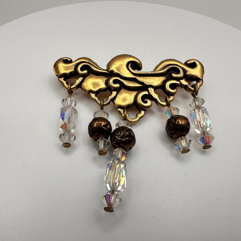 Vintage 80s Gold Tone Scrollwork Brooch Pin with Crystal Bead Dangles
